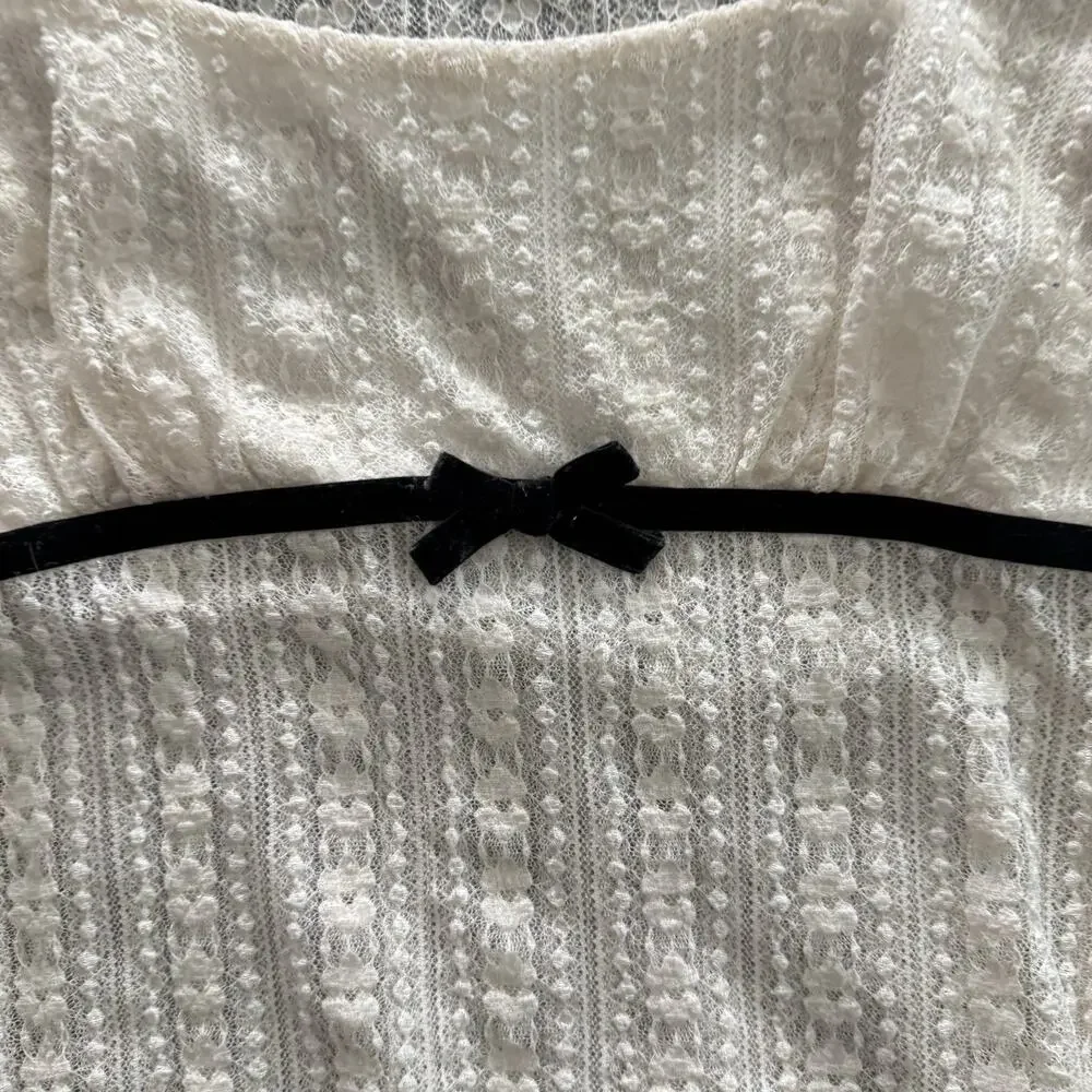 Anthropologie Kimchi Blue Ivory Lace Top Sz S Velvet Bow Balletcore Sheer Ballet